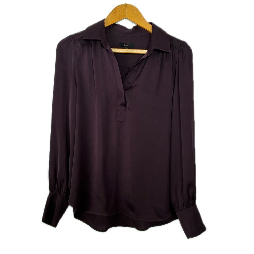 Quince Washable Silk Split Neck Blouse Chocolate Plum Brown Medium Quiet Luxury